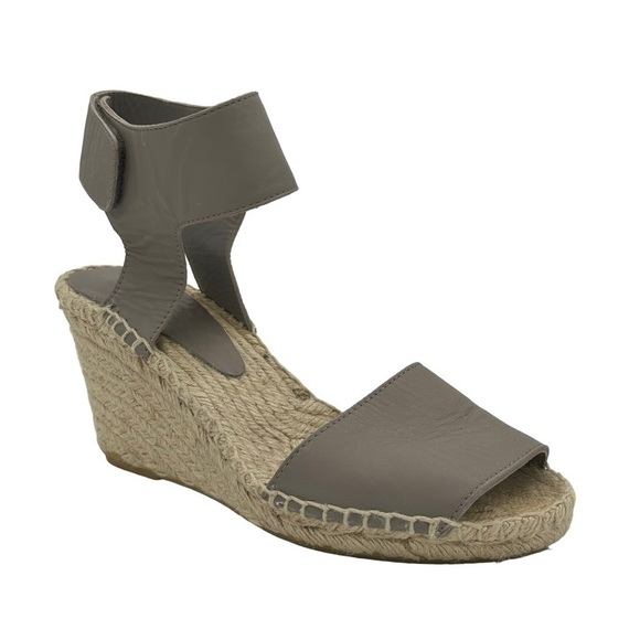Vince Espadrilles Taupe Leather Wide Ankle Strap Jute Wedge Sandals Size 8 - Picture 2 of 5